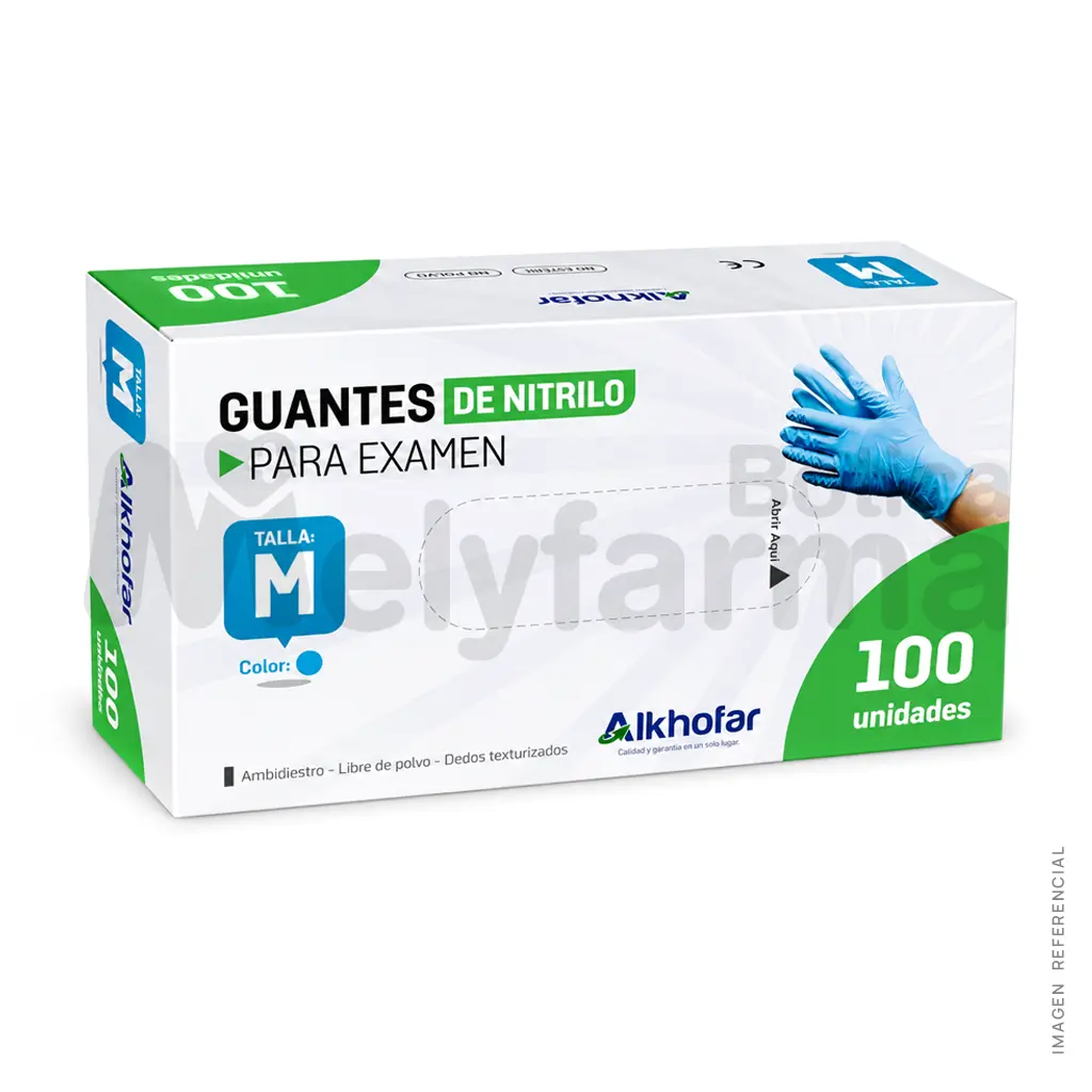 Guantes de Nitrilo para Examen Celeste - Alkhofar | Talla S, M, L | Melyfarma Guante Nitrilo T-M Celeste - ALKHOFAR